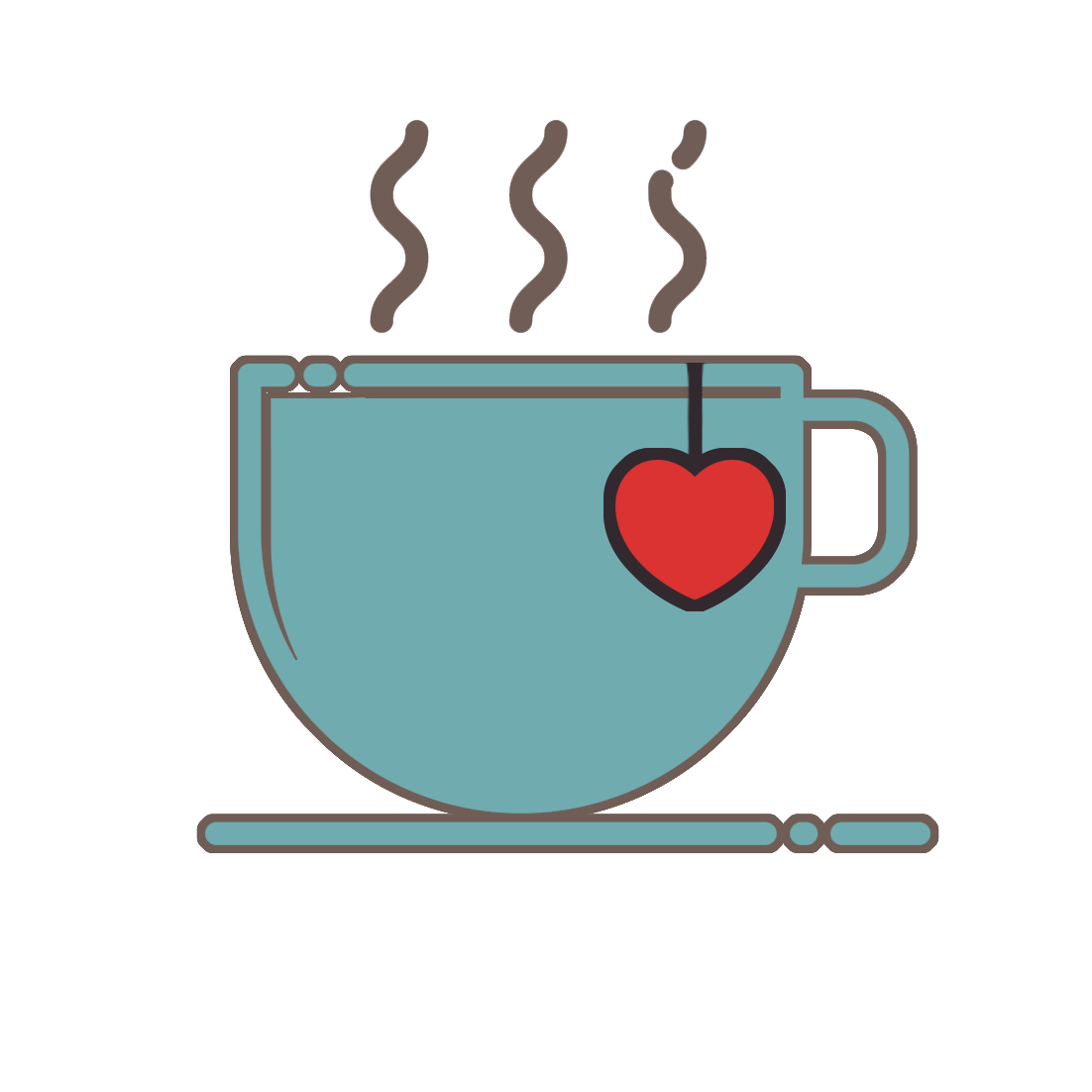 A steaming cup of tea with a red heart-shaped teabag tag in a blue cup.